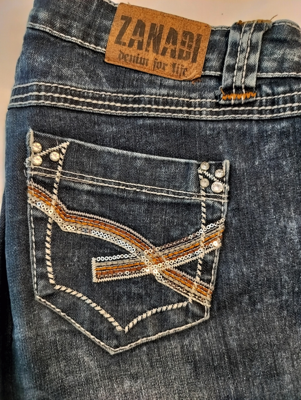 Zanadi Women's 10 Vintage Dark Blue Denim Jeans with Sequin Pocket Accents